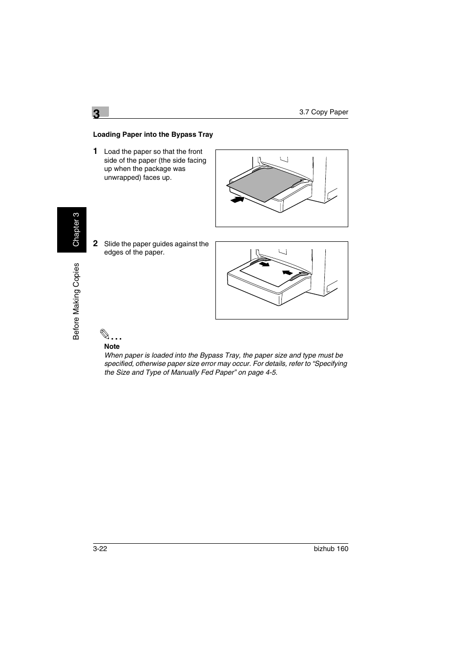 Loading paper into the bypass tray, Loading paper into the bypass tray -22, P. 3-22 | Konica Minolta bizhub 160 User Manual | Page 53 / 150