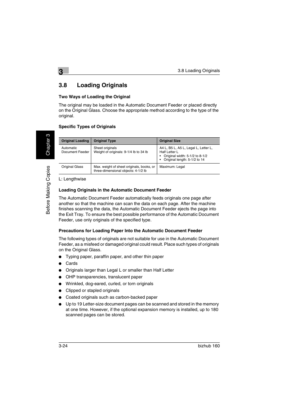 8 loading originals, Two ways of loading the original, Specific types of originals | Loading originals in the automatic document feeder, Loading originals -24 | Konica Minolta bizhub 160 User Manual | Page 55 / 150