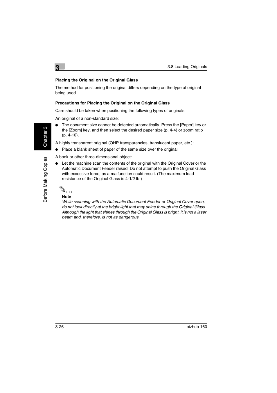 Placing the original on the original glass, P. 3-26 | Konica Minolta bizhub 160 User Manual | Page 57 / 150