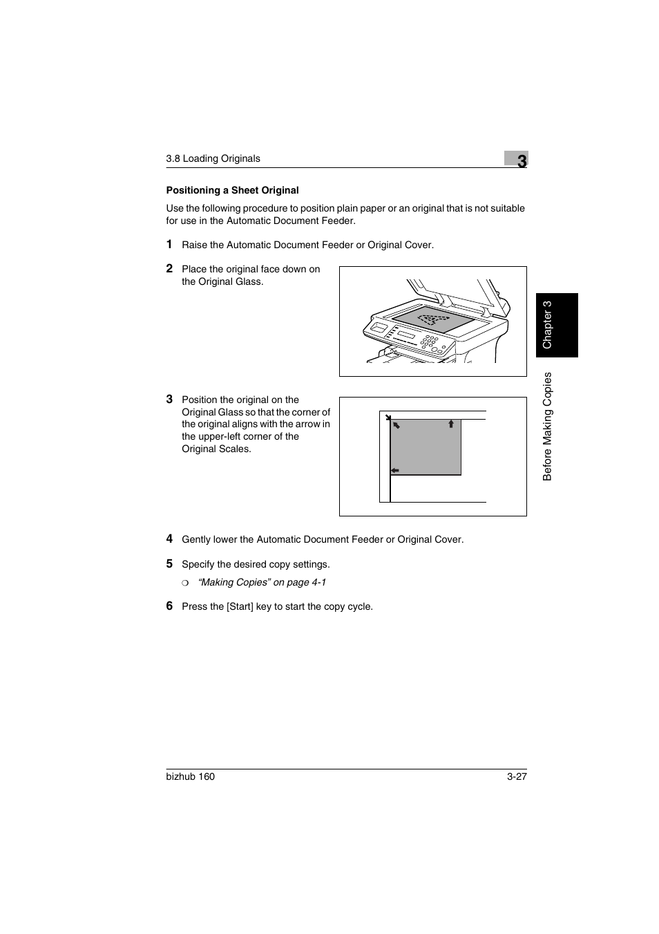 Positioning a sheet original, Positioning a sheet original -27 | Konica Minolta bizhub 160 User Manual | Page 58 / 150