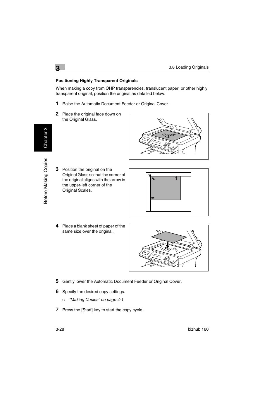 Positioning highly transparent originals, Positioning highly transparent originals -28 | Konica Minolta bizhub 160 User Manual | Page 59 / 150