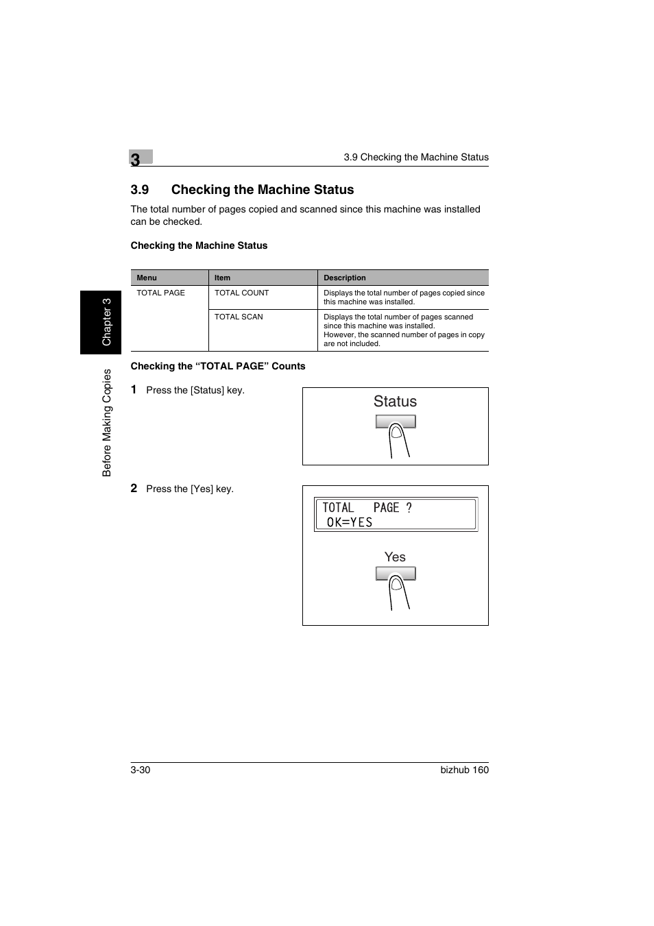 9 checking the machine status, Checking the machine status, Checking the machine status -30 | Status | Konica Minolta bizhub 160 User Manual | Page 61 / 150