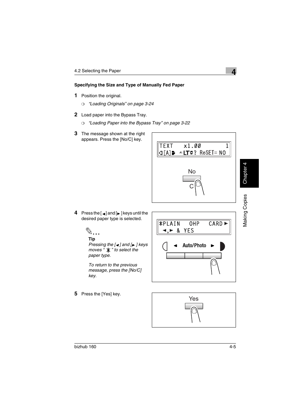 Specifying the size and type of manually fed paper, No c | Konica Minolta bizhub 160 User Manual | Page 68 / 150