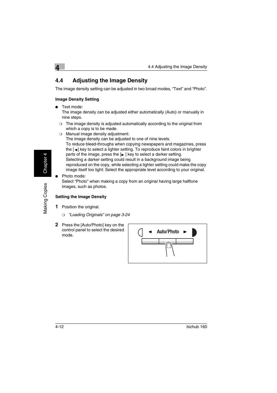 4 adjusting the image density, Image density setting, Setting the image density | Adjusting the image density -12 | Konica Minolta bizhub 160 User Manual | Page 75 / 150