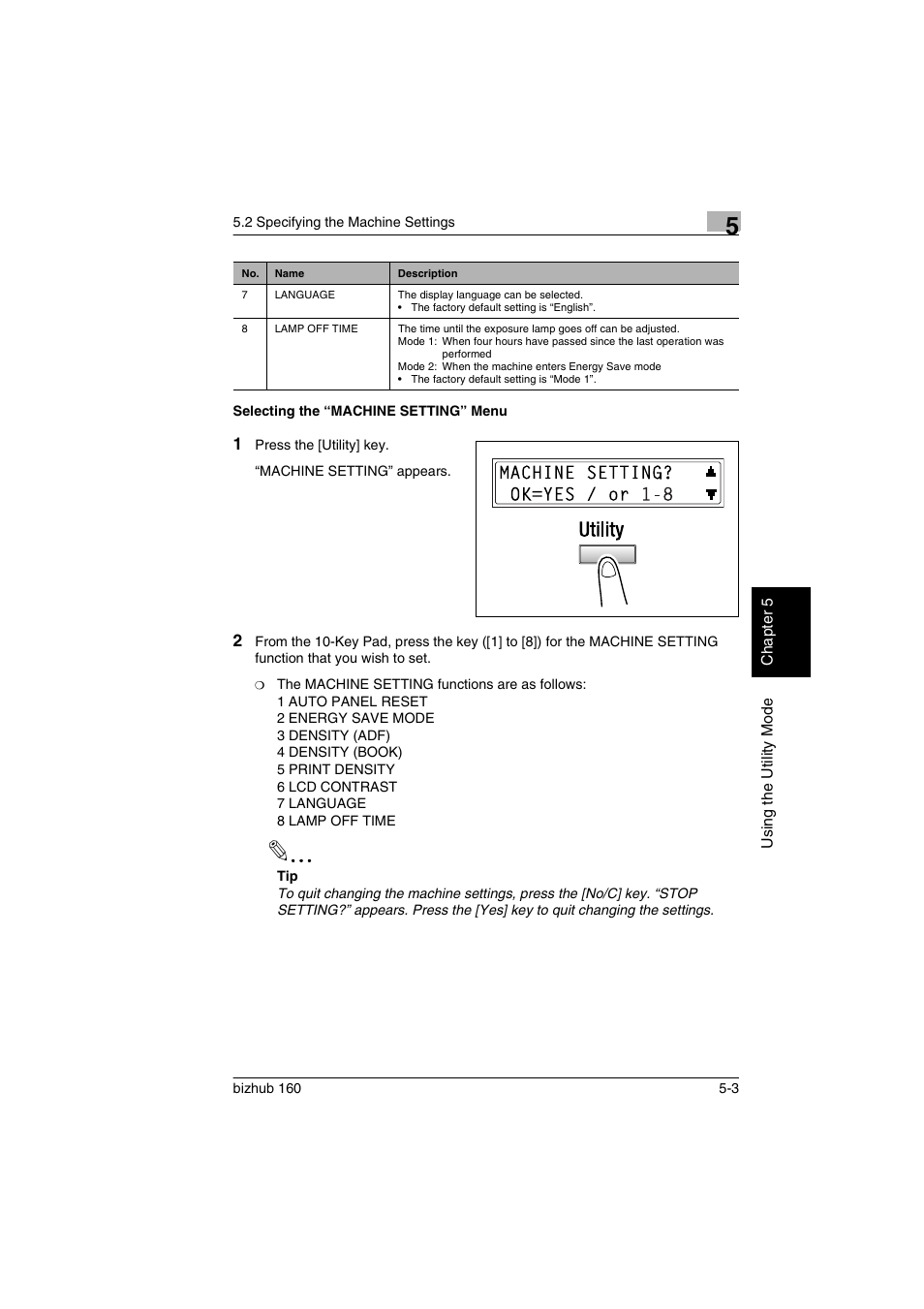 Selecting the “machine setting” menu, Selecting the “machine setting” menu -3 | Konica Minolta bizhub 160 User Manual | Page 82 / 150