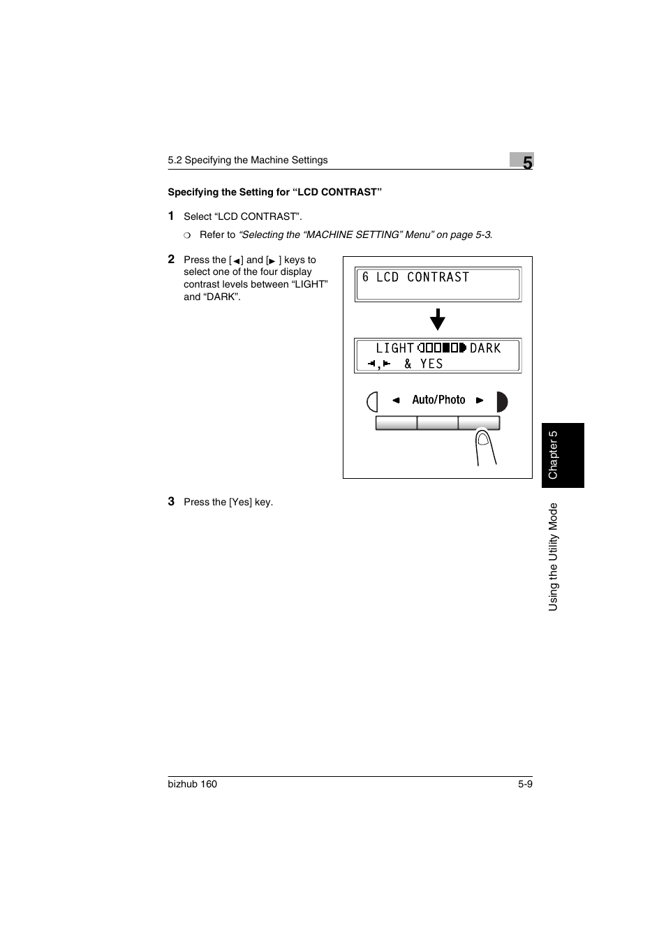 Specifying the setting for “lcd contrast, Specifying the setting for “lcd contrast” -9 | Konica Minolta bizhub 160 User Manual | Page 88 / 150