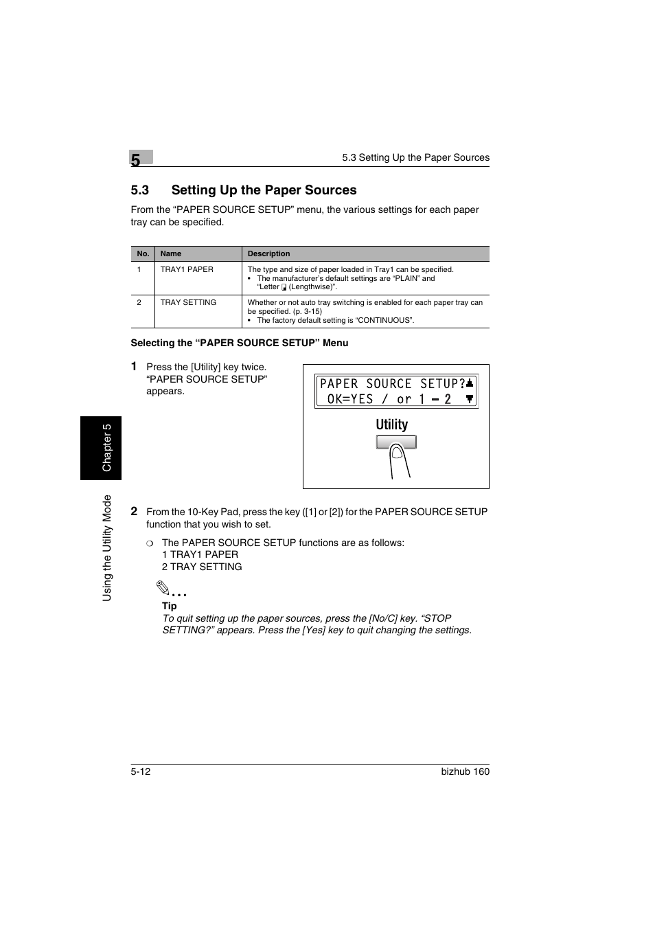 3 setting up the paper sources, Selecting the “paper source setup” menu, Setting up the paper sources -12 | Selecting the “paper source setup” menu -12 | Konica Minolta bizhub 160 User Manual | Page 91 / 150