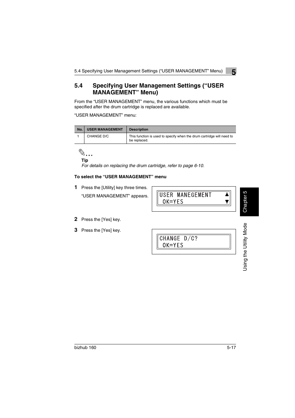 To select the “user management” menu, To select the “user management” menu -17 | Konica Minolta bizhub 160 User Manual | Page 96 / 150