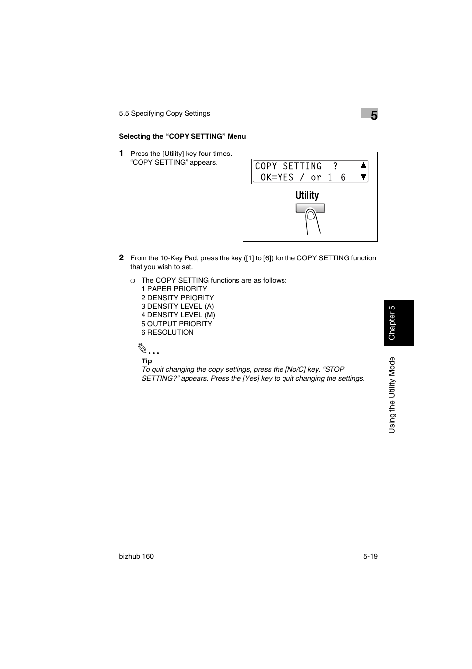 Selecting the “copy setting” menu, Selecting the “copy setting” menu -19 | Konica Minolta bizhub 160 User Manual | Page 98 / 150