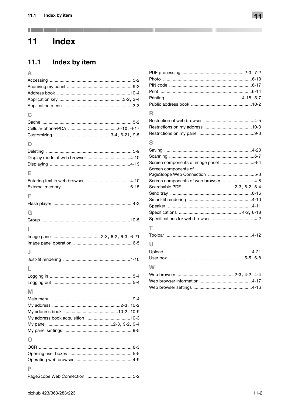 11 index, 1 index by item, Index | Index by item -2 | Konica Minolta BIZHUB 223 User Manual | Page 110 / 112