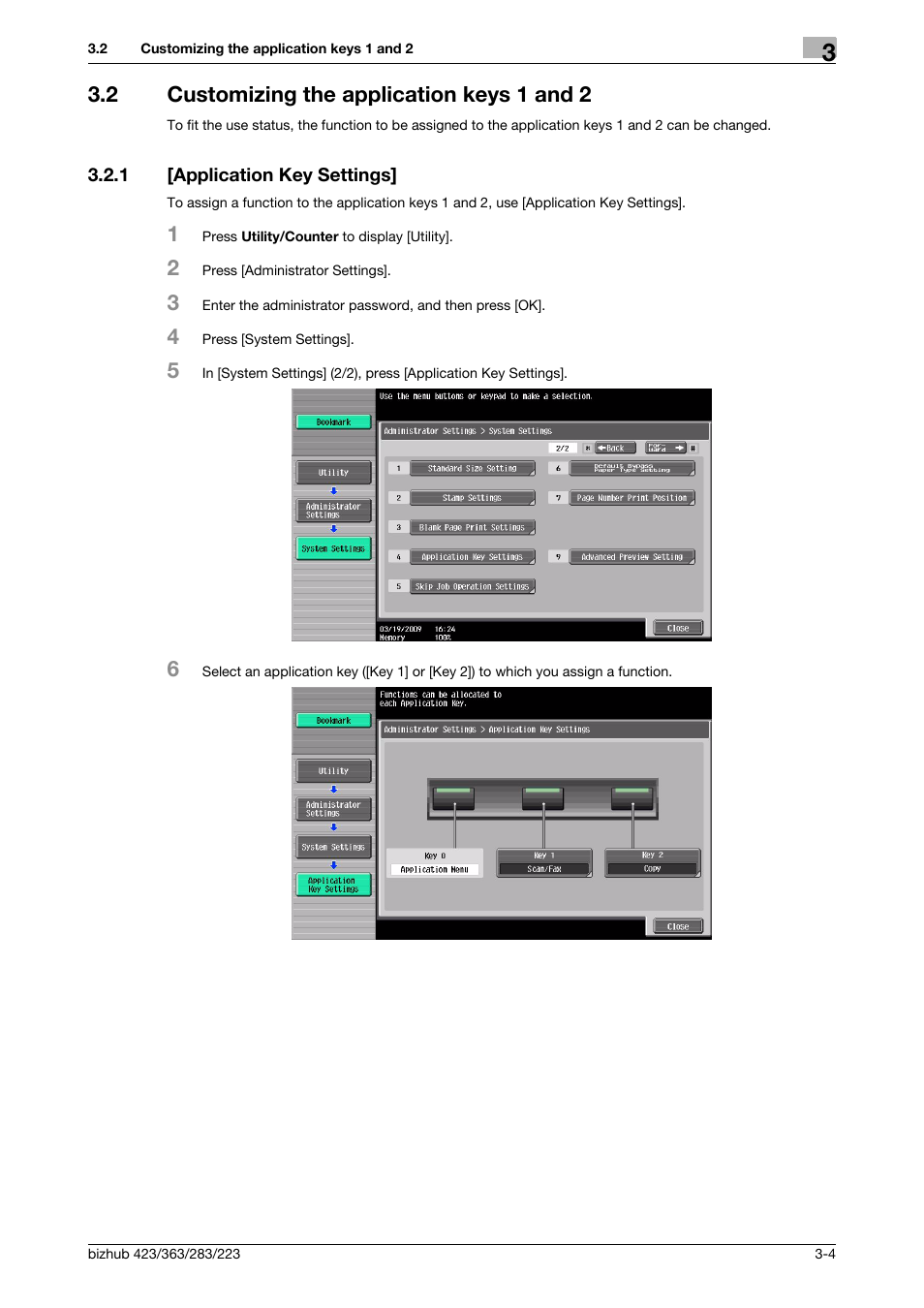 2 customizing the application keys 1 and 2, 1 [application key settings, Customizing the application keys 1 and 2 -4 | Application key settings] -4 | Konica Minolta BIZHUB 223 User Manual | Page 18 / 112