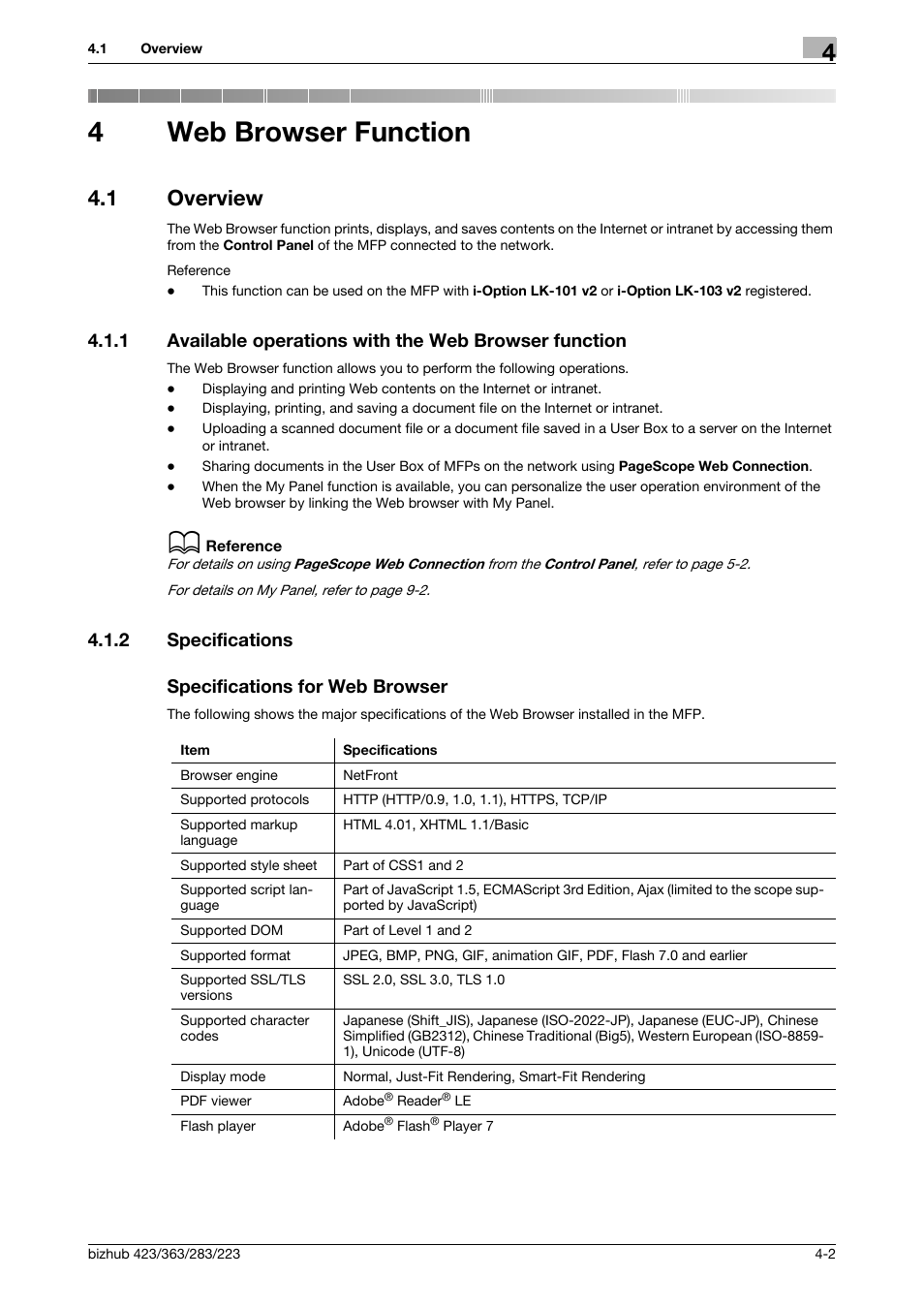 4 web browser function, 1 overview, 2 specifications | Specifications for web browser, Web browser function, Overview -2, P. 4-2, 4web browser function, 2 specifications specifications for web browser | Konica Minolta BIZHUB 223 User Manual | Page 21 / 112