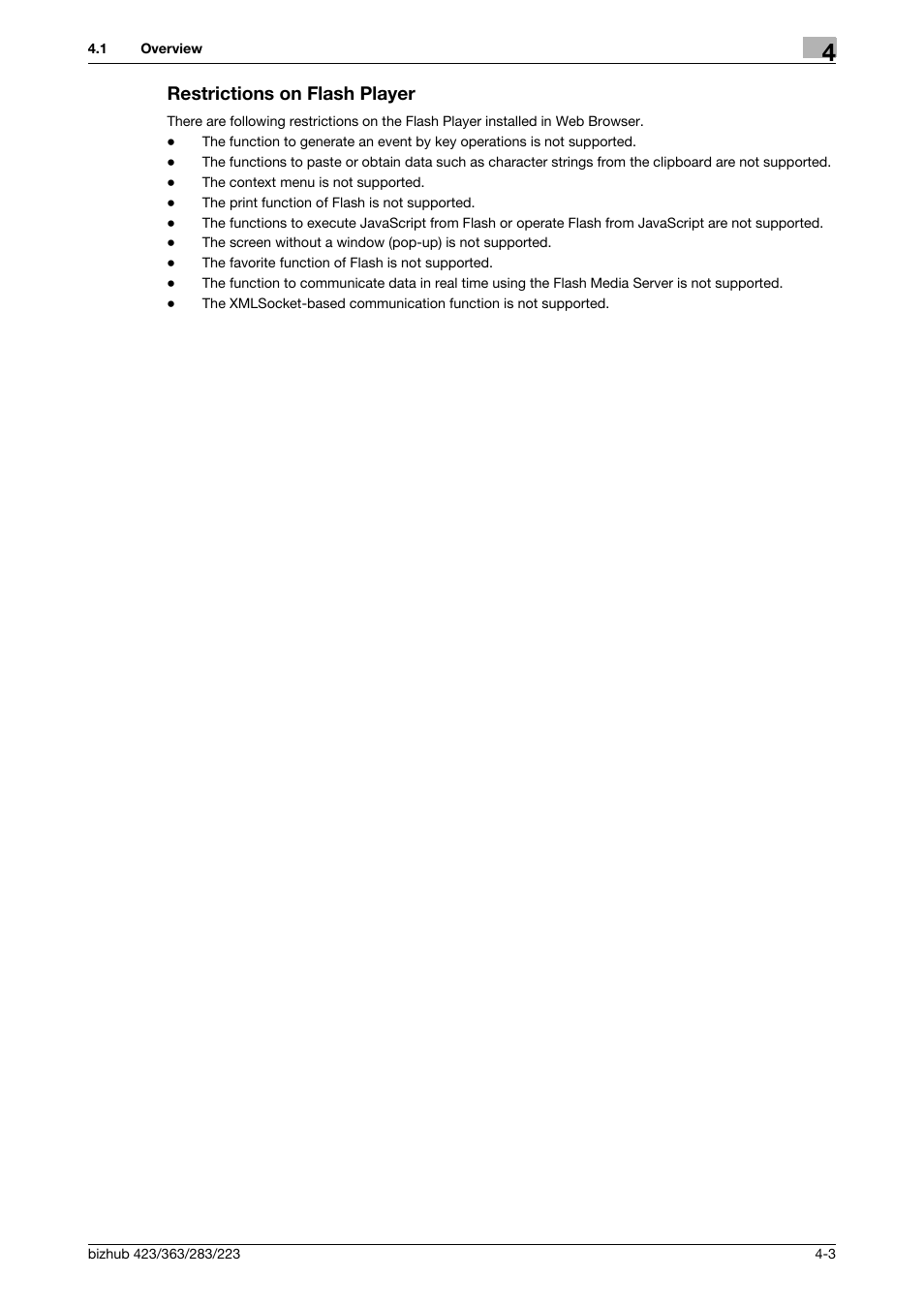 Restrictions on flash player, Restrictions on flash player -3 | Konica Minolta BIZHUB 223 User Manual | Page 22 / 112