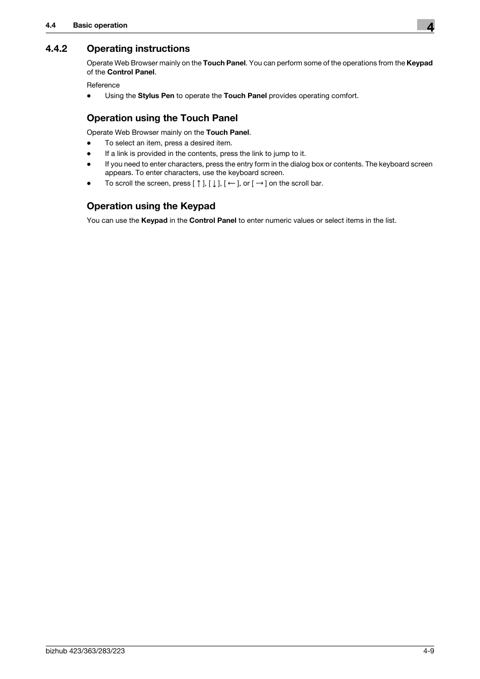 2 operating instructions, Operation using the touch panel, Operation using the keypad | Konica Minolta BIZHUB 223 User Manual | Page 28 / 112