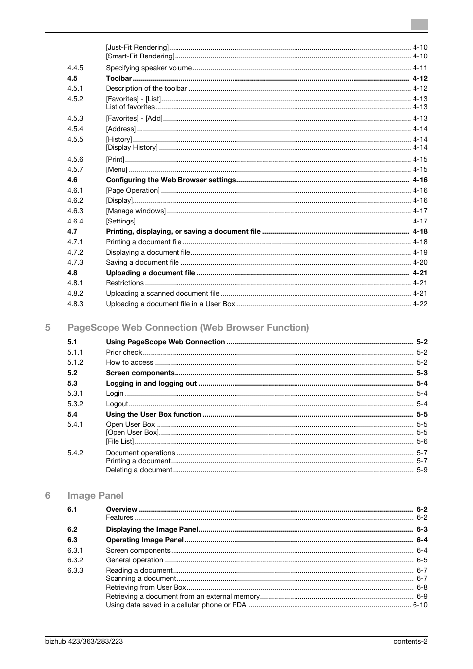 5pagescope web connection (web browser function), 6image panel | Konica Minolta BIZHUB 223 User Manual | Page 3 / 112