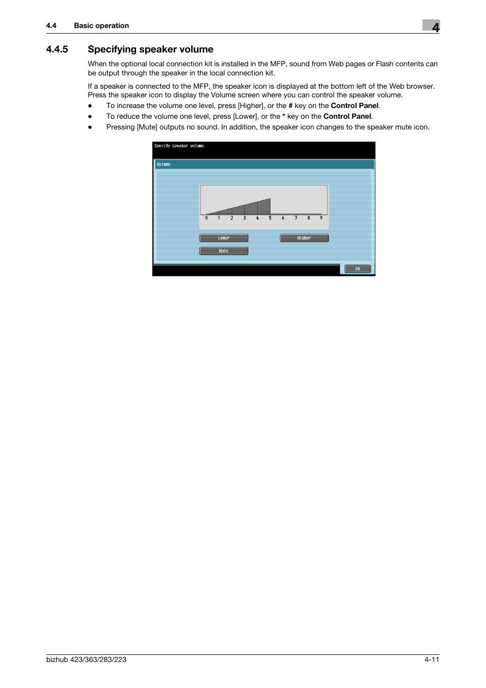 5 specifying speaker volume, Specifying speaker volume -11 | Konica Minolta BIZHUB 223 User Manual | Page 30 / 112