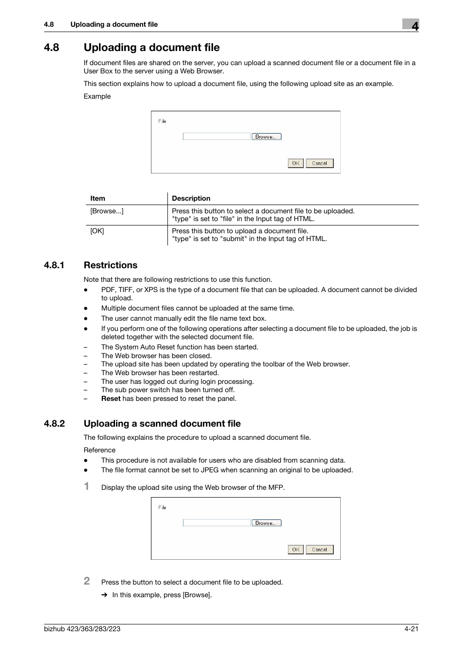 8 uploading a document file, 1 restrictions, 2 uploading a scanned document file | Uploading a document file -21, Restrictions -21, Uploading a scanned document file -21 | Konica Minolta BIZHUB 223 User Manual | Page 40 / 112