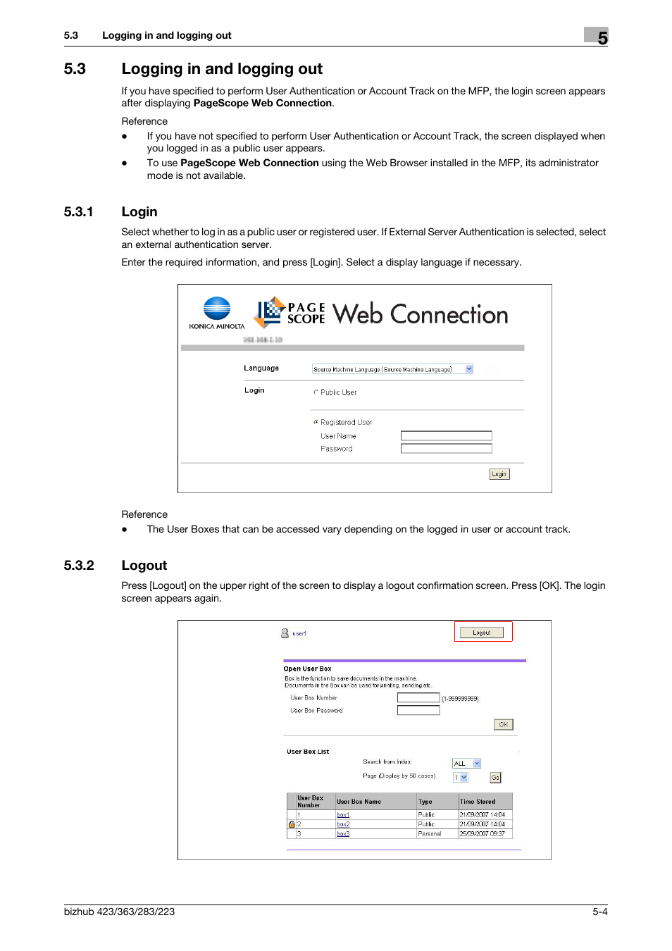 3 logging in and logging out, 1 login, 2 logout | Logging in and logging out -4, Login -4, Logout -4 | Konica Minolta BIZHUB 223 User Manual | Page 46 / 112