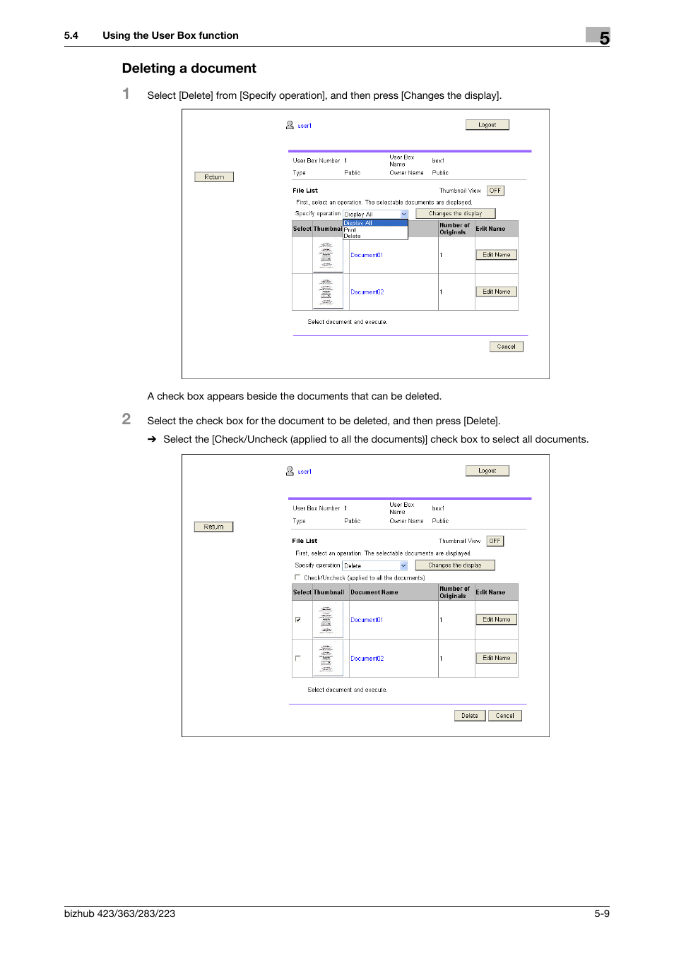 Deleting a document, Deleting a document -9 | Konica Minolta BIZHUB 223 User Manual | Page 51 / 112