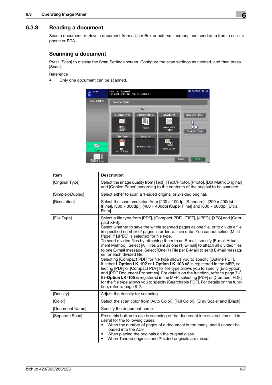 3 reading a document, Scanning a document, Reading a document -7 scanning a document -7 | Konica Minolta BIZHUB 223 User Manual | Page 59 / 112