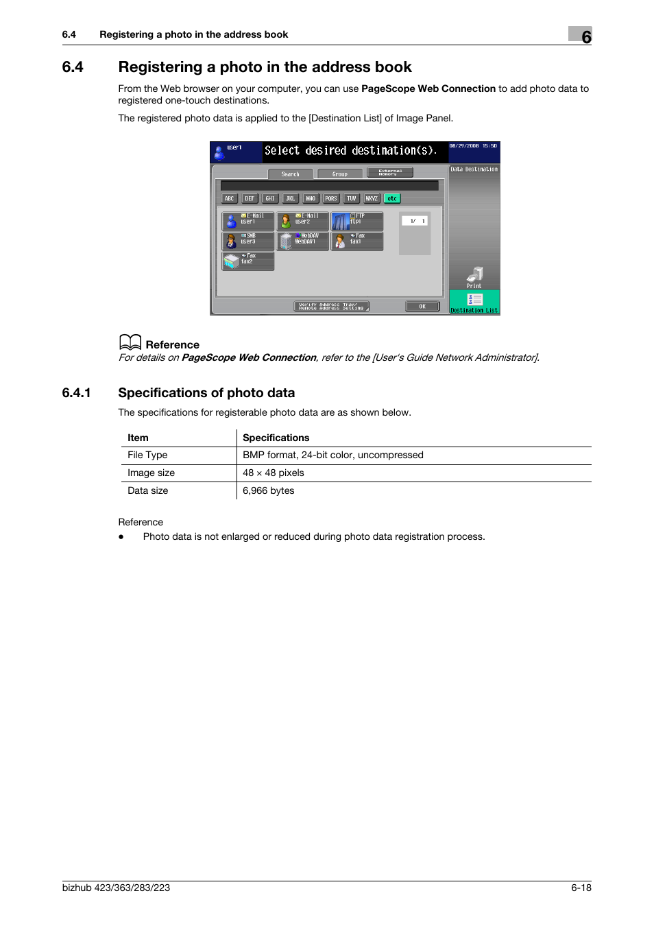 4 registering a photo in the address book, 1 specifications of photo data, Registering a photo in the address book -18 | Specifications of photo data -18 | Konica Minolta BIZHUB 223 User Manual | Page 70 / 112