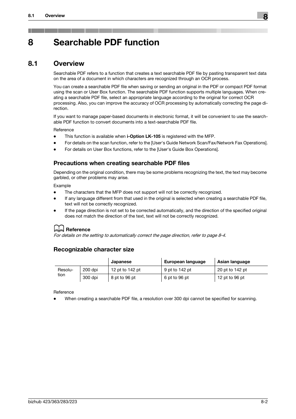 8 searchable pdf function, 1 overview, Precautions when creating searchable pdf files | Recognizable character size, Searchable pdf function, P. 8-2, 8searchable pdf function | Konica Minolta BIZHUB 223 User Manual | Page 84 / 112