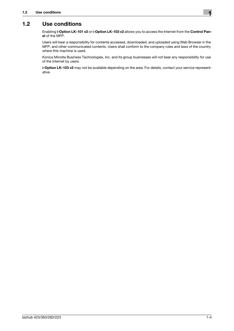 2 use conditions, Use conditions -4 | Konica Minolta BIZHUB 223 User Manual | Page 9 / 112