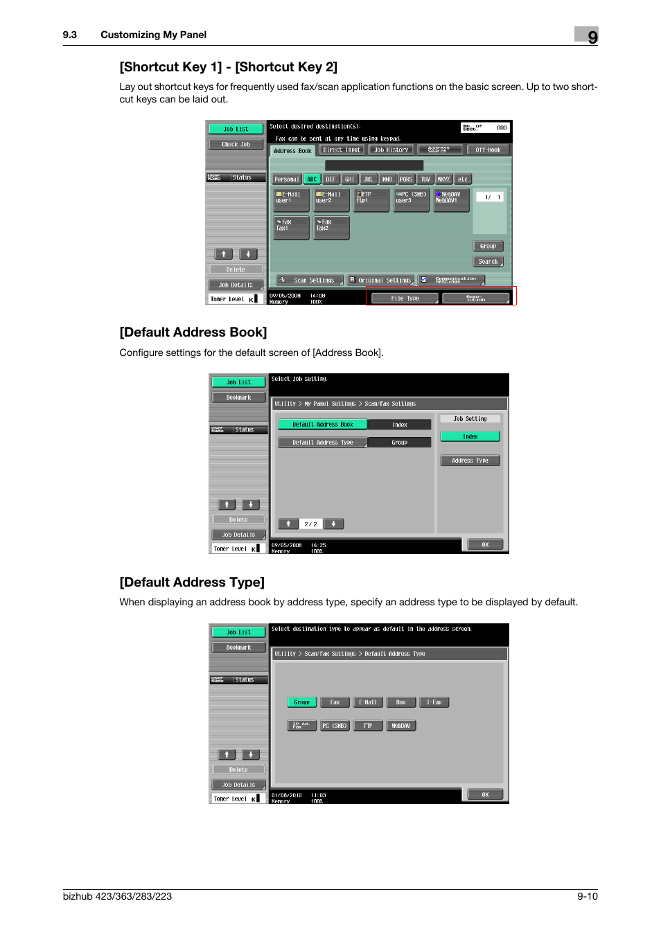 Shortcut key 1] - [shortcut key 2, Default address book, Default address type | Konica Minolta BIZHUB 223 User Manual | Page 96 / 112