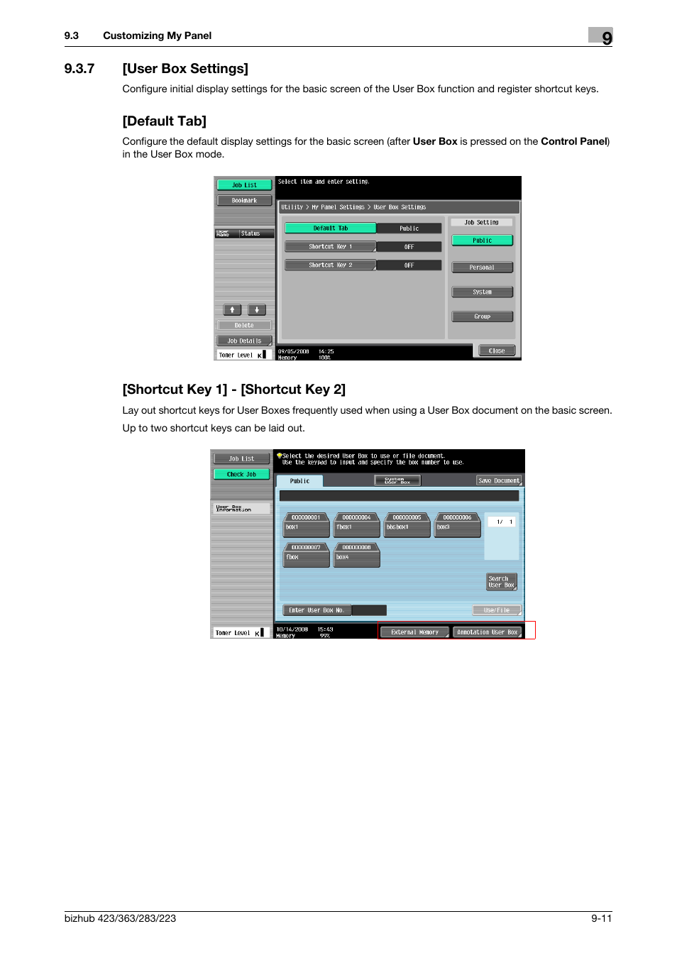 7 [user box settings, Default tab, Shortcut key 1] - [shortcut key 2 | Konica Minolta BIZHUB 223 User Manual | Page 97 / 112