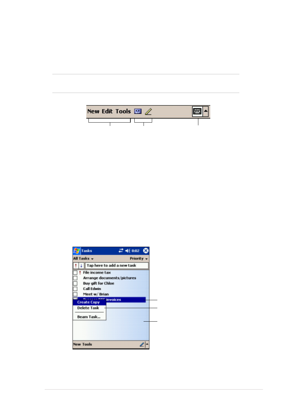 Command bar, Pop-up menus | Asus MyPal A620 User Manual | Page 17 / 136