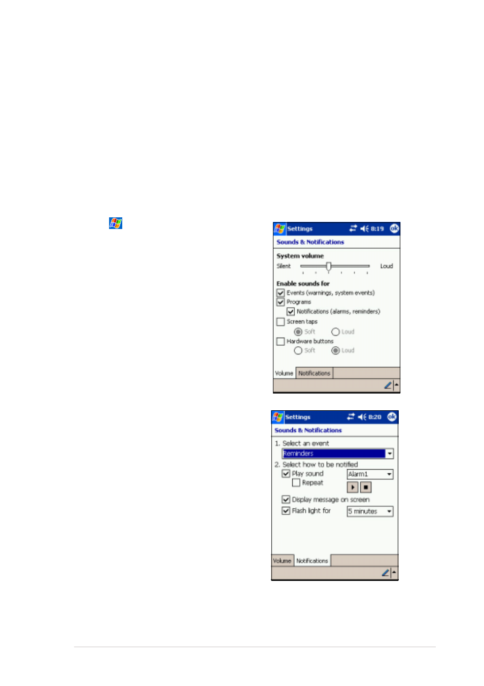 Selecting sounds and notifications | Asus MyPal A620 User Manual | Page 33 / 136