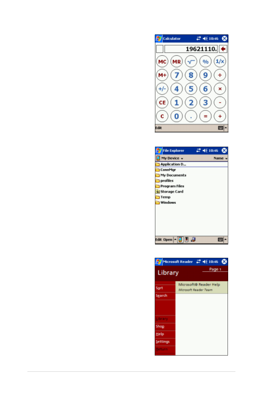 Calculator, File explorer, Microsoft reader | Asus MyPal A620 User Manual | Page 54 / 136