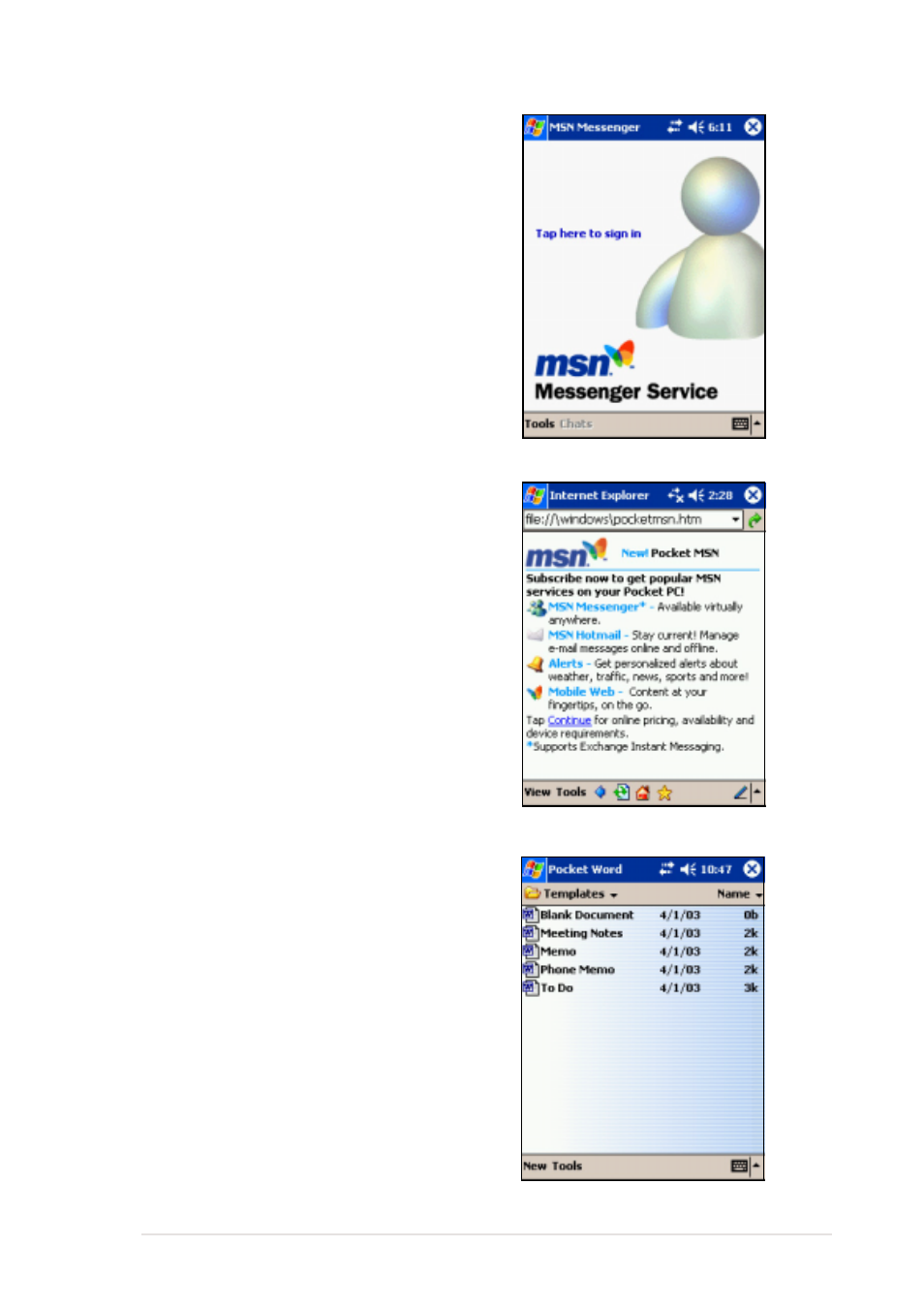 Msn messenger, Pocket msn, Pocket word | Asus MyPal A620 User Manual | Page 55 / 136