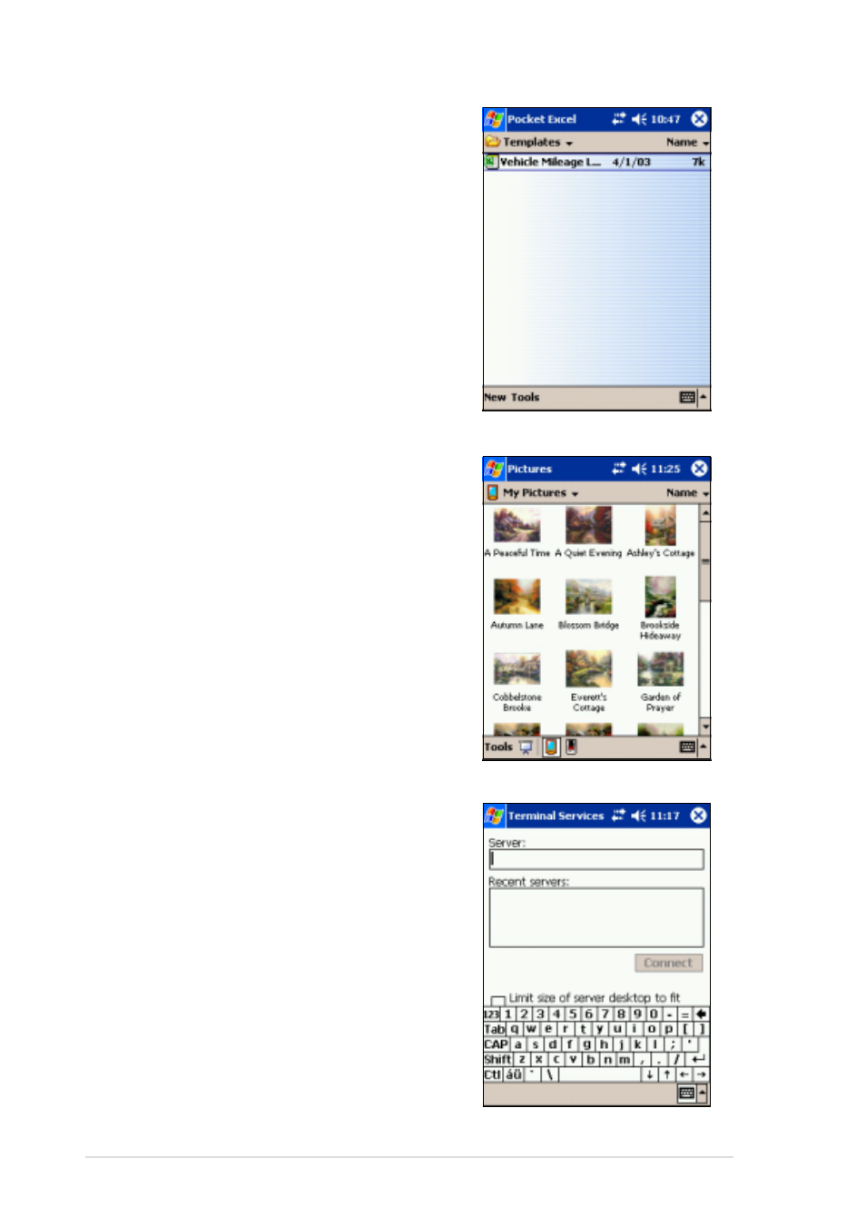 Pocket excel, Pictures, Terminal services client | Asus MyPal A620 User Manual | Page 56 / 136
