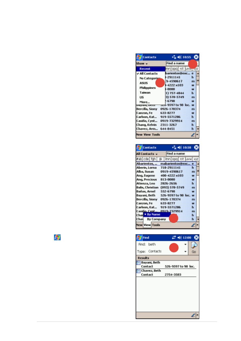 Finding a contact | Asus MyPal A620 User Manual | Page 75 / 136