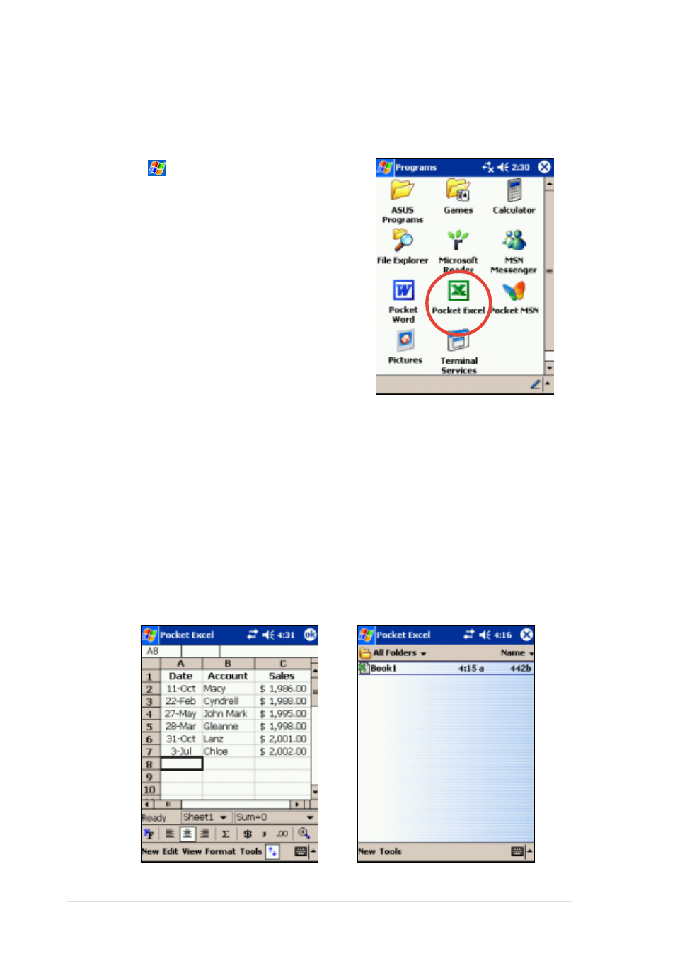 Saving pocket excel documents, Creating pocket excel documents | Asus MyPal A620 User Manual | Page 96 / 136