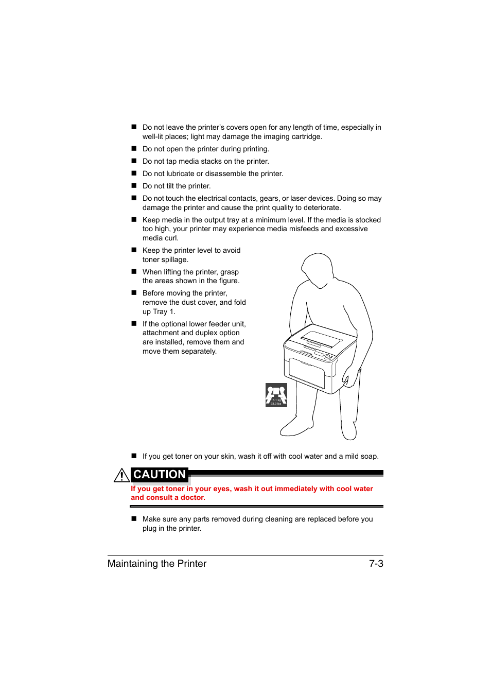 Caution, Maintaining the printer 7-3 | Konica Minolta magicolor 1650EN User Manual | Page 118 / 191