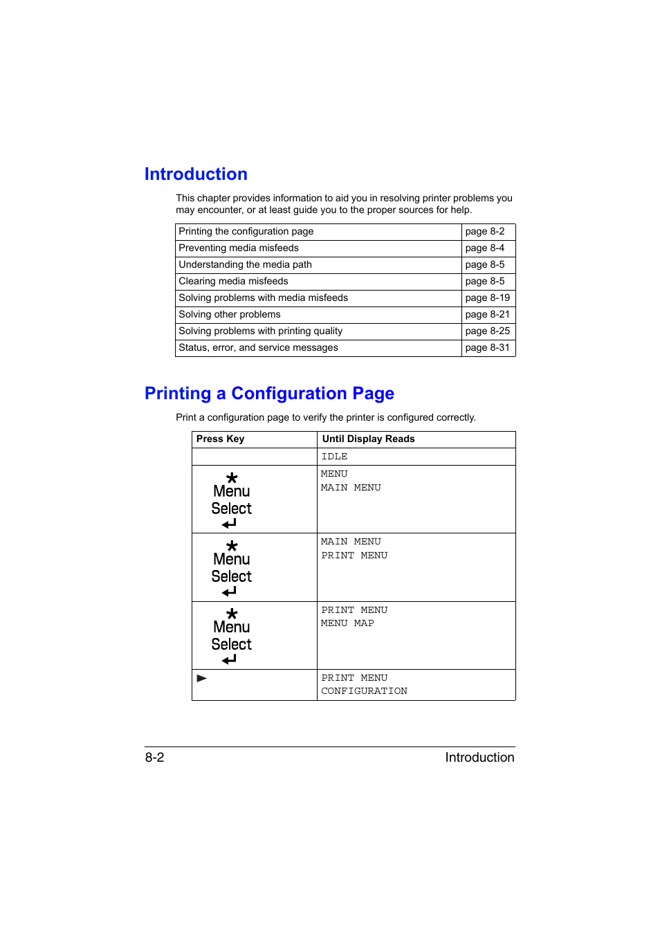 Introduction, Printin g a configuration page, Introduction 8-2 | Konica Minolta magicolor 1650EN User Manual | Page 139 / 191