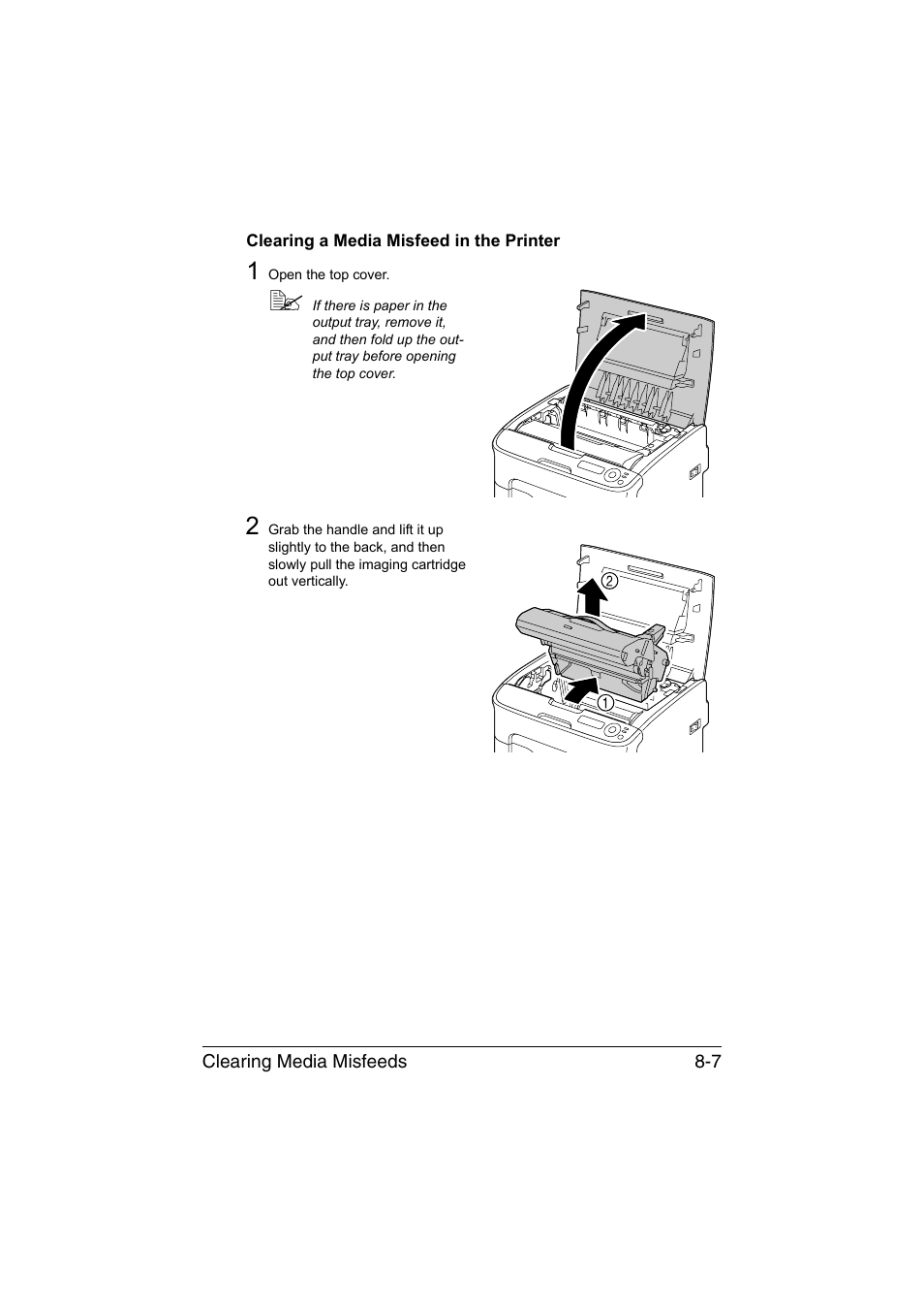 Clearing a media misfeed in the printer, Clearing a media misfeed in the printer -7 | Konica Minolta magicolor 1650EN User Manual | Page 144 / 191