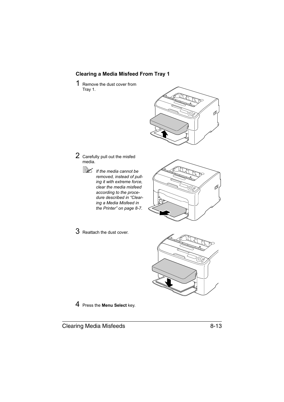 Clearing a media misfeed from tray 1, Clearing a media misfeed from tray 1 -13 | Konica Minolta magicolor 1650EN User Manual | Page 150 / 191