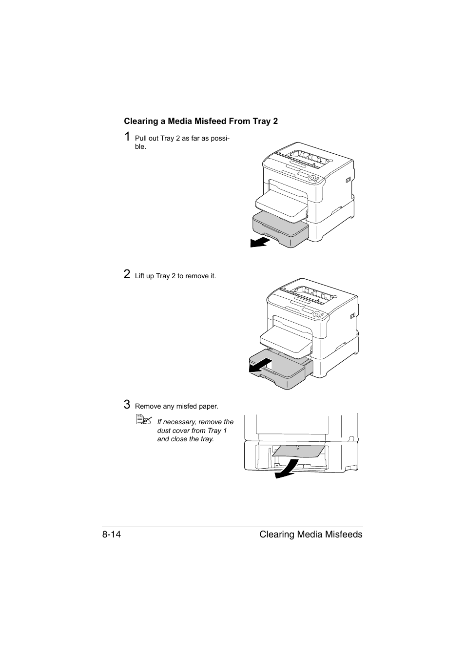 Clearing a media misfeed from tray 2, Clearing a media misfeed from tray 2 -14 | Konica Minolta magicolor 1650EN User Manual | Page 151 / 191