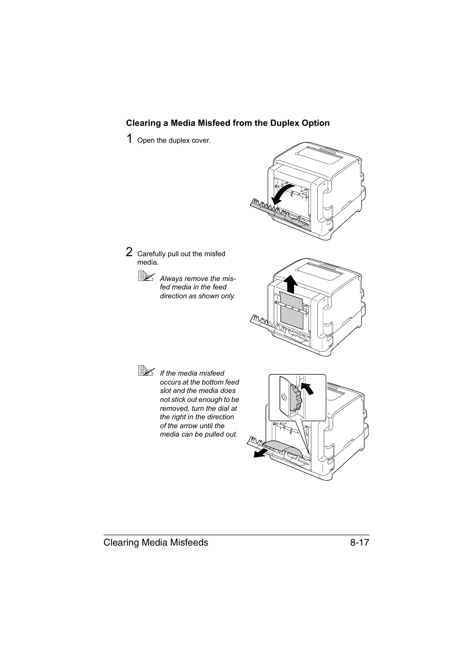 Clearing a media misfeed from the duplex option | Konica Minolta magicolor 1650EN User Manual | Page 154 / 191