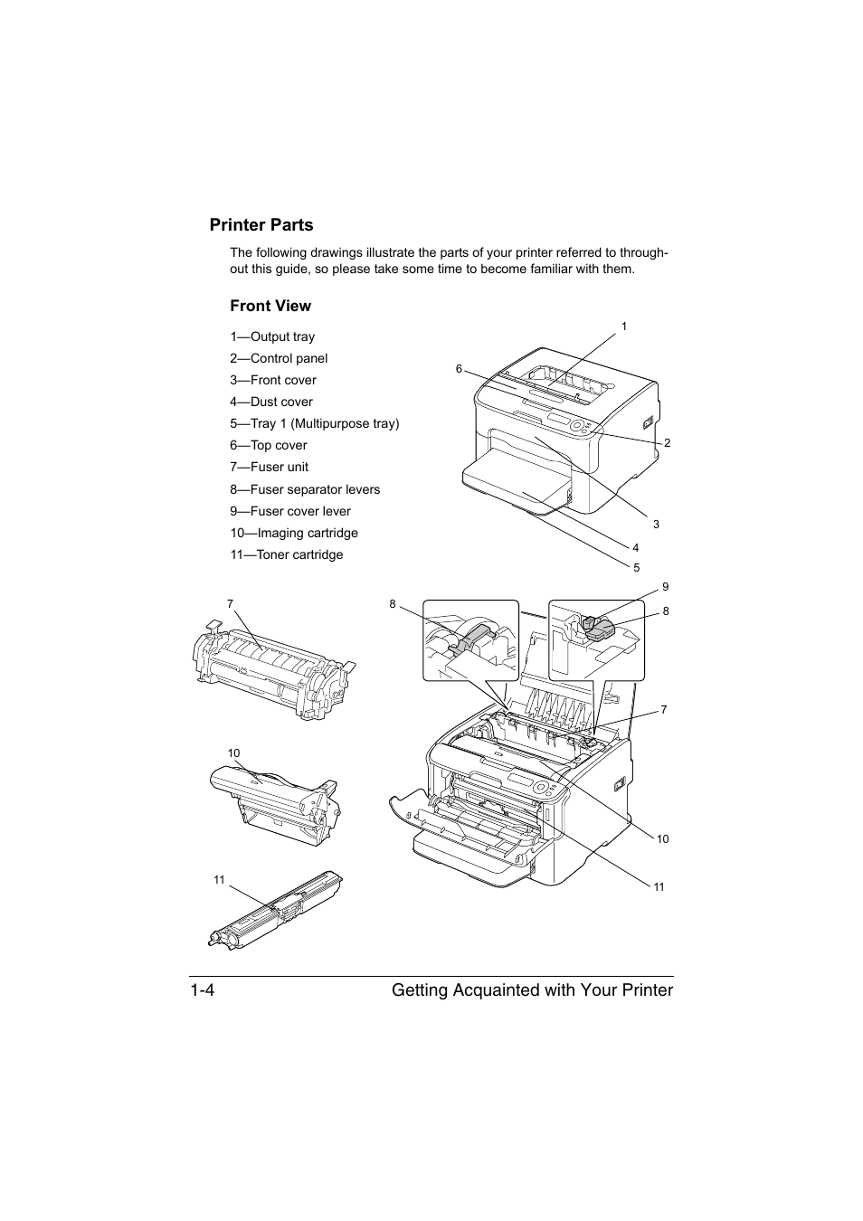 Printer parts, Front view, Printer parts -4 | Front view -4 | Konica Minolta magicolor 1650EN User Manual | Page 17 / 191