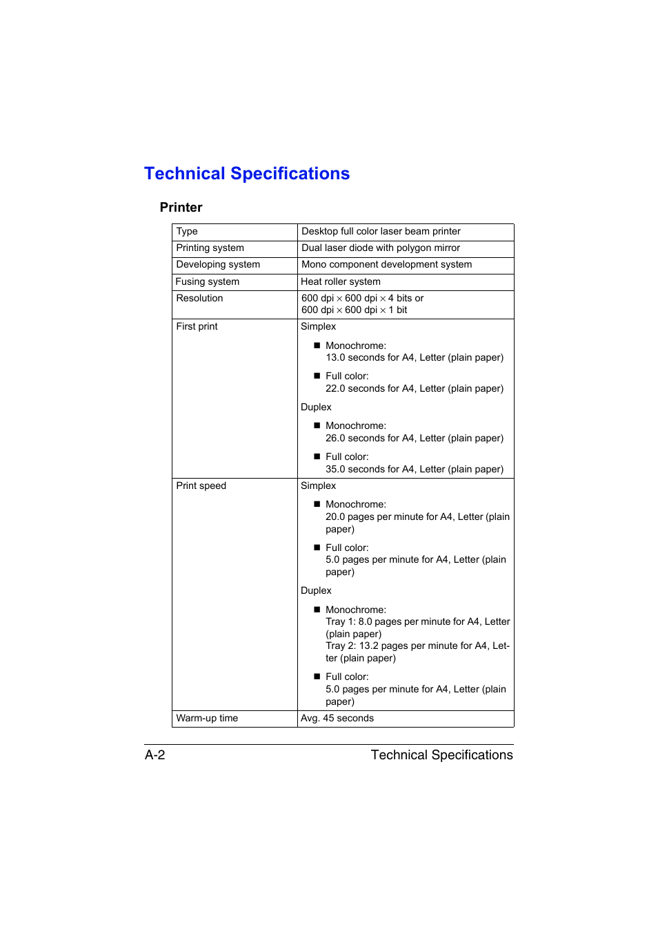 Technical specifications, Printer, Technical specifications a-2 | Konica Minolta magicolor 1650EN User Manual | Page 185 / 191