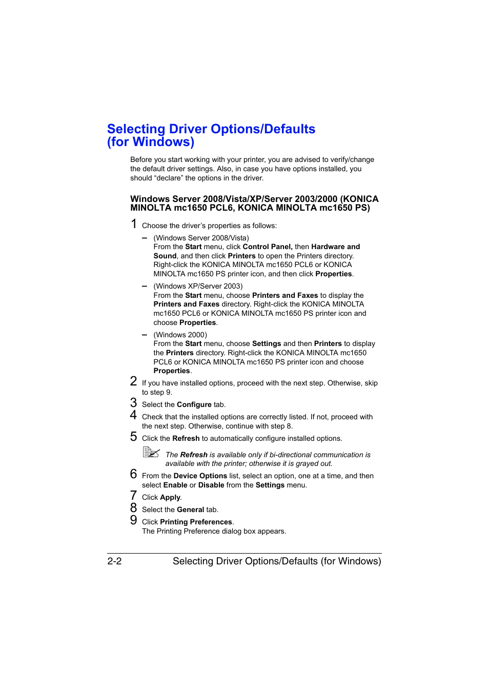 Selecting driver options/defaults (for windows), Selecting driver options/defaults (for windows) -2 | Konica Minolta magicolor 1650EN User Manual | Page 27 / 191