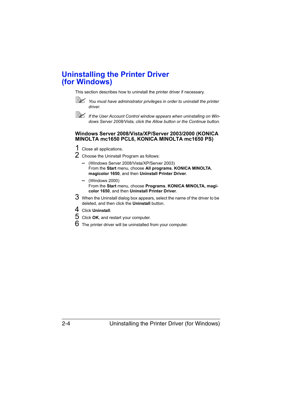 Uninstalling the printer driver (for windows), Uninstalling the printer driver (for windows) -4 | Konica Minolta magicolor 1650EN User Manual | Page 29 / 191