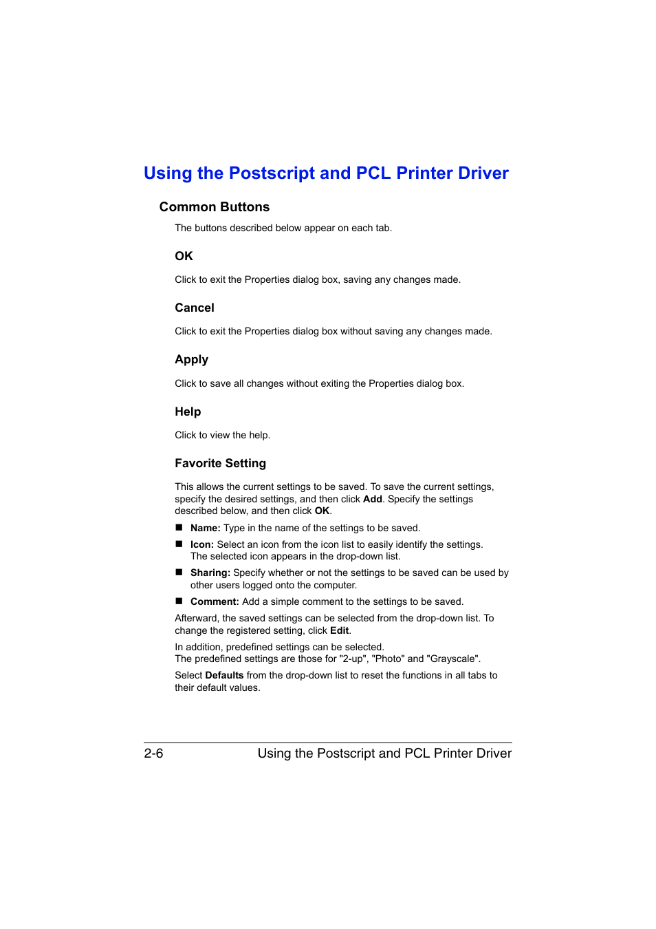 Using the postscript and pcl printer driver, Common buttons, Cancel | Apply, Help, Favorite setting, Using the postscript and pcl printer driver -6, Common buttons -6 | Konica Minolta magicolor 1650EN User Manual | Page 31 / 191