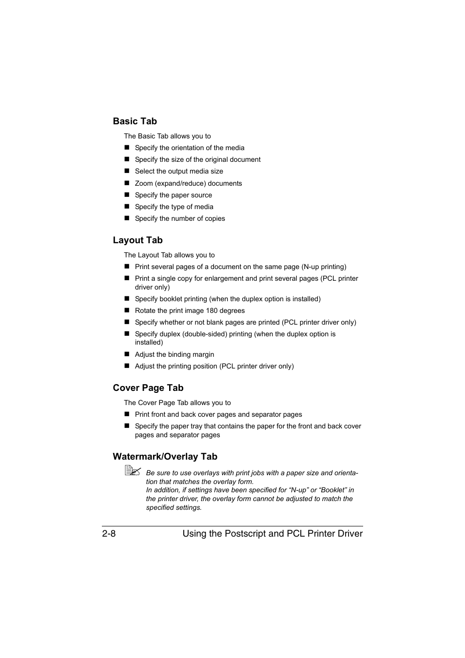 Basic tab, Layout tab, Watermark/overlay tab | Cover page tab | Konica Minolta magicolor 1650EN User Manual | Page 33 / 191