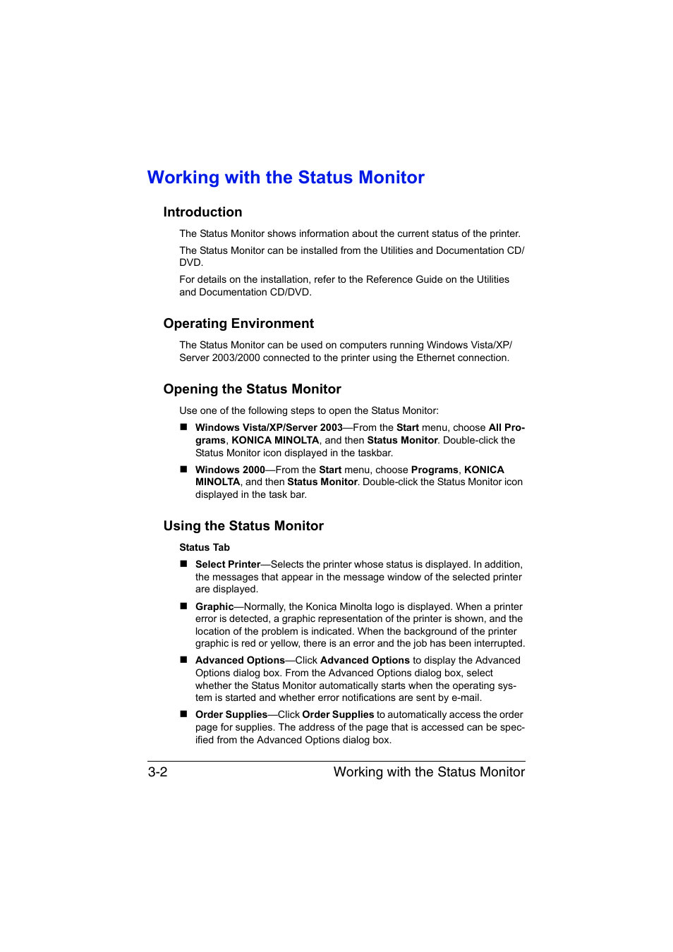 Working with the status monitor, Introduction, Operating environment | Opening the status monitor, Using the status monitor, Working with the status monitor -2 | Konica Minolta magicolor 1650EN User Manual | Page 37 / 191