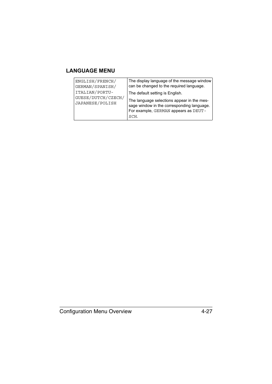 Language menu, Language menu -27, Configuration menu overview 4-27 language menu | Konica Minolta magicolor 1650EN User Manual | Page 66 / 191
